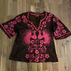 Tory Burch Peacock Embroidered Shirt Brown/Pink - Size 14